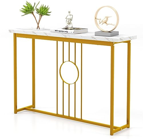 CASART Console Table, Compact Faux Marble Accent Entryway Tables, Metal Frame Foyer Table for Hallway Living Room Corridor (120cm, Line Pattern, White+Gold)