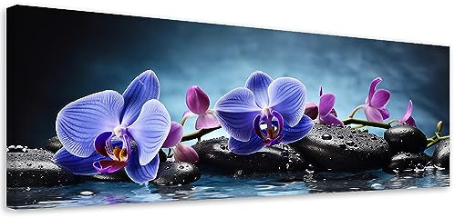 Feeby Bilder Orchidee Zen Spa 90x30 cm 1 tlg Modern Leinwandbilder Bild auf Leinwand Kunstdruck Wand Bild Wanddeko Design Schlafzimmer Büro Flur Hotel Spa Wohnzimmer Wasser Kerzen Steine Blau
