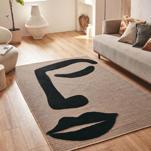 Nazar Palmateppich, Natur, Jute-Look, Naturteppich für Wohnzimmer, Schlafzimmer, Flur, Boho-Teppich, Naturfarbe (9493 schwarz, 200x290 cm)