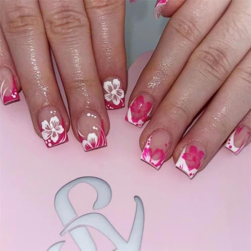 Spring Summer Fake Nails Flowers Short Square Press on Nails French Tips Nail Art Decoration for Women and Girls Manicure 24pcs