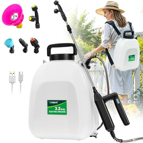 Battery Powered Sprayer 3.2 Gallon, VAXMAY Backpack Sprayer with 5 Mist Nozzles, Electric Garden Sprayer with USB Rechargeable Handle 32 Retractable Wand Portable Weed Sprayer for Lawn, Garden, Yard