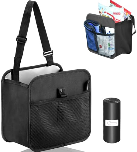 AUTOXBERT Foldable Car Trash Can, Portable Hanging Waterproof Leakproof Car Rubbish Bin with Adjustable Strap and Practical Mesh Pocket for Van SUV Boat Truck