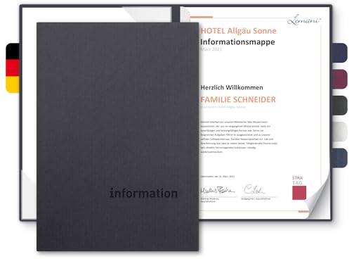 Informationsmappe A4 Premium-Karton - Lemani® CARISMA - mit Prägung ‚information‘ - für Gäste oder Mitarbeiter - hochwertige Informations-Präsentation aus 375g/m² Pappe (Graphitgrau, 8 Stück)