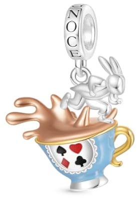 GNOCE Alice's Adventures in Wonderland Teacup Rabbit Pendant Dangle Charm 925 Sterling Silver Charm Fit Bracelet/Necklace Jewellery Gift for Women Girls Wife Daughter