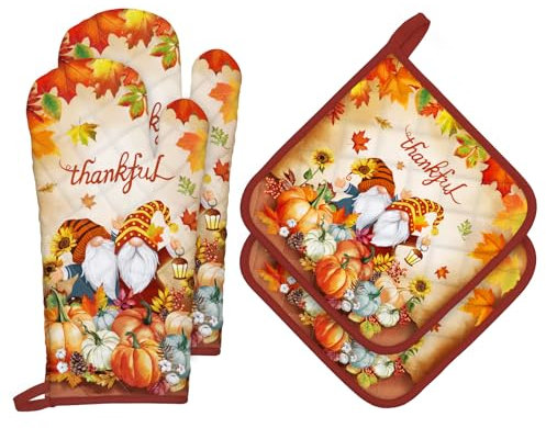 Arquiel Ofenhandschuh und Topflappen 4er Set, 100% Baumwolle Kochhandschuhe, Hitzebeständiger Küchenhandschuh Zum Kochen Backen Grillen Geschenk,Herbstzwerg