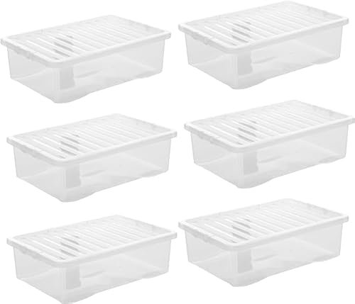 Set of 6 Clear Plastic Under Bed Storage Boxes with Lids - Stackable 32L Containers for Home, Garage, Shed, Warehouse, Utility Room - Transparent Box, No Tools Required - Dimensions: 60 x 40 x 18cm