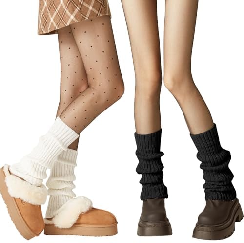 2 Pairs Leg Warmers,Ribbed Knit Leg Warmers 80s for Women Girls,Black And White Leg Warmers Ladies for Y2k Ballet Dance Ice Skating (40cm)