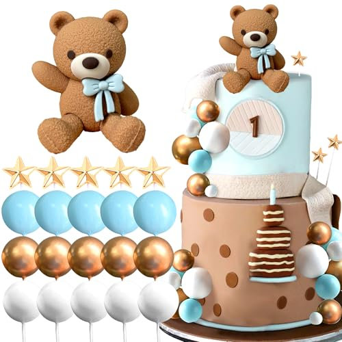 Blue Bear Cake Topper - Gold Balls, Baby Shower & Birthday Cake Decoration