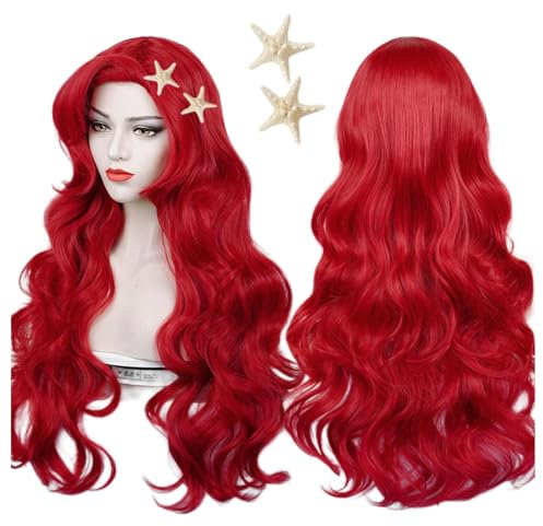 Lange Wellenförmige Rot Damen Perücke Meerjungfrau Kostüm Cosplay Dunkelrote Perücke für Halloween Karneval Fasching Mit 2 Seestern-Haarnadeln