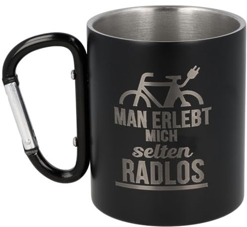 Spruchreif | Edelstahltasse mit Karabinerhaken Henkel mit Gravur Radlos in Schwarz Matt | Geschenk Radfahrer Mountainbiker E-Biker | Radsport