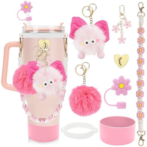 Stanley Cup zubehör Compatible with Zubehörset 30/40oz Becher, Cup Accessories für Stanley mit Wasserflasche Auslaufsichere Silikonstopfen Anhänger Griff Riemen Strohdeckel Silikonhülle (Rosa)