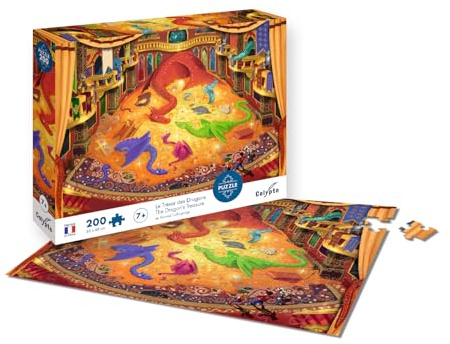 Calypto 3907406 Drachenschatz, 200 Teile Puzzle mit Soft Touch, Kinderpuzzle mit samtiger Oberfläche inkl. Puzzleposter, für Kinder ab 7 Jahren, Märchen, Nachauflage