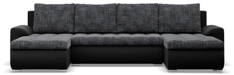Mebligo - Ecksofa mit Schlaffunktion und 3 Bettkasten FORESTA 302x89x159 (BxHxT) Schwarz + Schwarz - Couch U Form, Sofa im Sitz: Wellenfeder + Schaumstoff, Sofas & Couches, Eckcouch