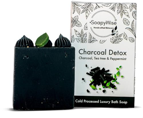 SoapyWise Natural Activated Charcoal Soap Bar, Lab Tested Organic Detox Soap for Body, Face & Hands, Hydrating, Relaxation & Nourished Skin, Enriched with Walnut & Avocado Oil (Pack of 1, 90gm)