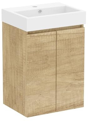 Baikal Mueble de Baño Mini. Mueble MONTADO. 2 Puertas Suspendido con Lavabo. Armario de Baño. Lavabo Ceramico. 45cm Nature.