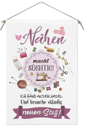 Nähen Wandbehang Stoff mit Spruch 50x35cm - NÄHEN MACHT SÜCHTIG - Nähzubehör Tapisserie Wandteppich mit Holz Aufhängestange Lanyard und Haken - Nähzimmer Wanddeko als Geschenk für Nähzimmer (A)