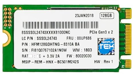 SIMPLETEK - Leistungsstarke interne M.2 2242 128GB NVMe PCIe 3.0 x2 SSD mit Host Memory Buffer Technologie und 3D TLC Speicher (Generalüberholt)