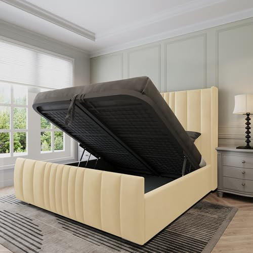 Furnishion Manhattan Small Double Ottoman Bed with Mattress, Plush Velvet Gas Lift 4ft Beds Frame with Storage, Modern Panelled Headboard Luxury Set, Space-Saving Bed & Mattress Set in Cream Plush