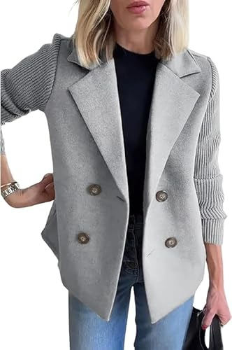 CHARTOU Women's Cropped Wool Blend Coat Fall Knit Sweater Blazer Notch Lapel Double Breasted Pea Coat Jacket (X-Large, Grey)