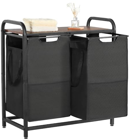 VEVOR Cesta para la Colada con Tablero de Madera, Clasificador de Ropa 668 x 330 x 710 mm con 2 Bolsas Extensibles de Tela Oxford 600D y Estructura de Metal, Clasificador de Ropa para Baño, Negro