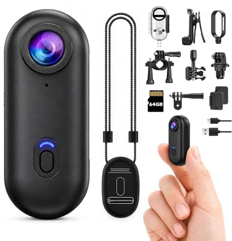 bayehngs Mini Body Camera with 64GB Card, Thumb Size Action Camera with Waterproof Case, Magnetic Clip, Mount Accessories, Portable Vlogging POV Camera for Sports, Cycling, Diving, Motorcycle
