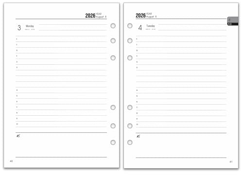 Kalender Einlage 2026-2027 A5, 6 Löcher, 1 Tag pro Seite mit Monatsübersicht, Notizen & Kontakt, Aug 2026 - Jul 2027, Nachfüllpapier für Organizer & Planer, Tageskalender 2026/27, 142x210mm