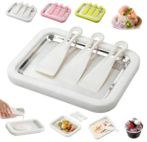 Stainless Steel Ice Cream Roller Maker, At-Home Rolled Ice Cream Maker Kit Includes 3 Spatulas, DIY Fun Family Activity Instant Rolled Ice Cream Maker for Sorbet, Frozen Yogurt, Gelato (White)