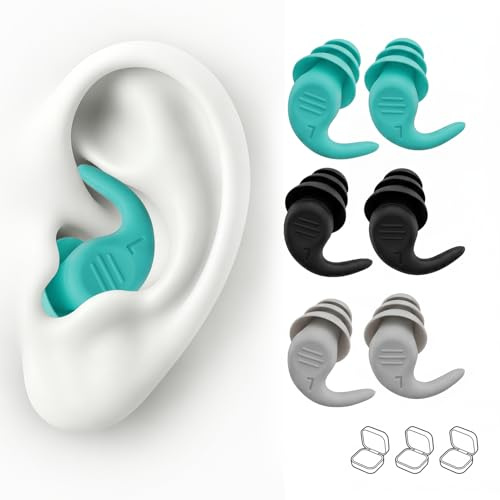 HoxzoDa 3 Paires Bouchons d’Oreilles de Natation en Silicone, Bouchons Réutilisables pour Nager, Surfer, Plongée, Sports Nautiques, avec Boîtes de Rangement, Protection Auditive Étanche pour Adultes
