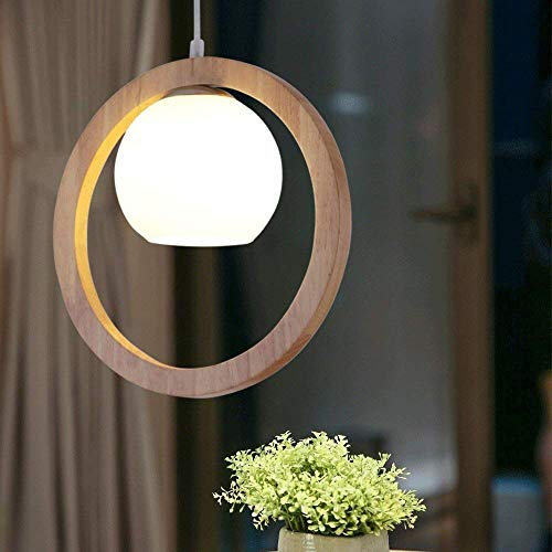 BILYSKEP Lustre en Verre Blanc Nordique Cercle Plafonnier en Bois Zen Art Lustre en Bois Verre pour Salon Salle à Manger Chambre Eclairage, Esstischleuchte E27(non inclus)