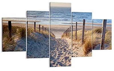 Moderne Impression sur Toile mer plage dune Image Tableau Decoration Murale 125x70cm Deco Cadre Décoration Salon Chambre Cuisine Triptyque 5 parties Tableaux Decoratifs Muraux Art Wall EA125x70-3612