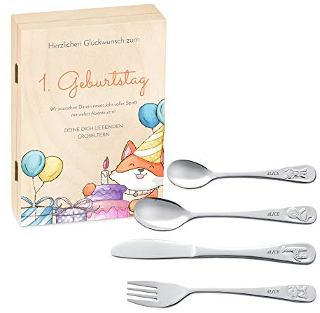 Maverton Kinderbesteck mit Namensgravur + Holzbox mit Aufdruck - mit Tieren - Weihnachtsgeschenke -Taufgeschenke für Mädchen - Braun - Geschenk für Jungen zum Geburtstag zur Taufe Geburt - Füchschen