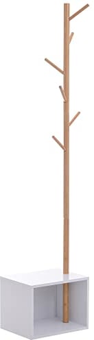 HOMCOM Garderobenständer Kleiderhaken Garderobe mit Sitzbank + Stauraum Baum-Design Zweige 6 Haken MDF + Bambus Weiß + Natur 40 x 30 x 180 cm
