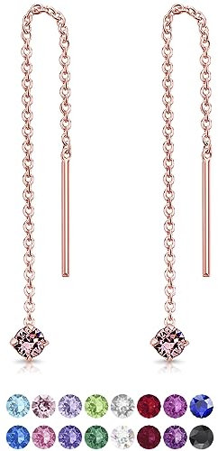 DTPsilver® PETITES Boucles d'oreilles Pendantes à chaîne Barre en Argent Fin 925 Plaqué Or Rose avec 3 mm Cristaux de Swarovski® Elements Ronds - Couleur: Rose Clair