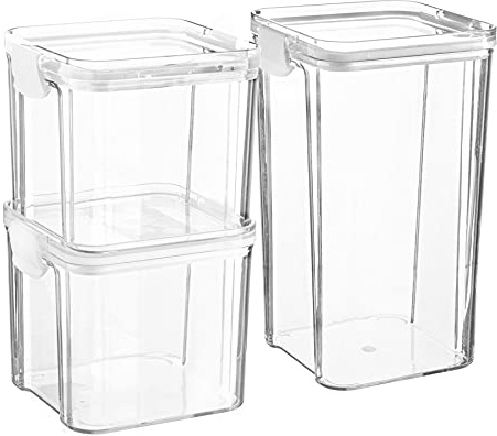 Argon Tableware 3 Piece Food Storage Containers Set - Plastic Kitchen Pantry Organiser Jars - Clip Lid - 2 Sizes - White