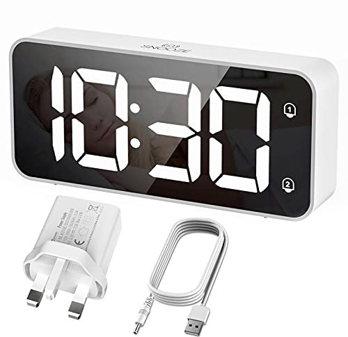 HERMIC Alarm Clock Bedside Clock Large Digital Led Display, Full-Range Brightness Dimmer, Adjustable Alarm Volume, Snooze, Dual Alarm, 12/24H, Easy to Use Mains Powered White