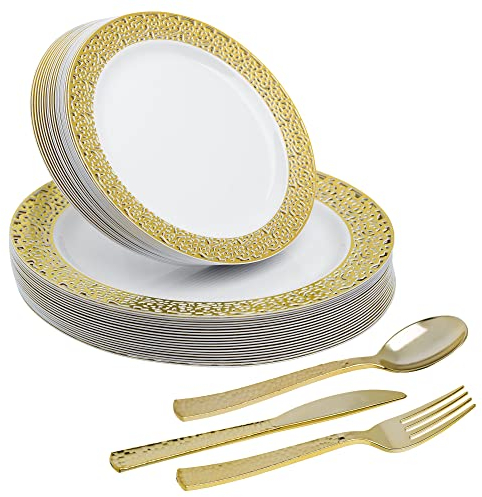 STACKABLES ~ 100 Pieces Dinnerware Set ~ Party Setting Combo Hard Plastic Reusable White Plates with Laced Gold Rim & Cutlery Sets for 20 People