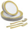 STACKABLES ~ 100 Pieces Dinnerware Set ~ Party Setting Combo Hard Plastic Reusable White Plates with Laced Gold Rim & Cutlery Sets for 20 People