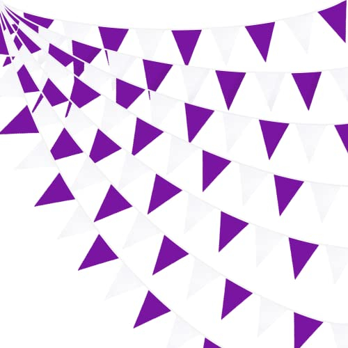 32Ft Wimpelkette Lila und Weiß Banner Party Dekorationen Dreieck Flagge Stoff Wimpel Girlande für Weihnachten Hochzeit Geburtstag Zuhause Kindergarten Outdoor Garten Hängende Festivals Dekoration