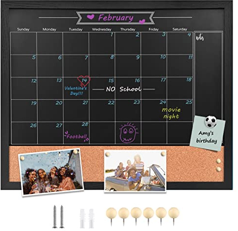 TORASO Kreidetafel, Kalender und Korktafel, magnetische Oberfläche, 45,7 x 55,9 cm, Schwarz