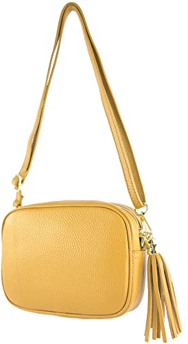 modamoda de - T240 - kleine Umhängetasche aus ital. Echtleder, Farbe:Senfgelb
