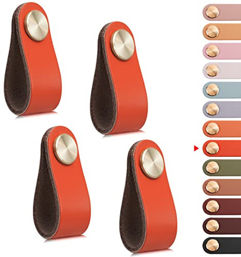 LEREATI 4pcs Leather Drawer Handles Drawer Knobs Kitchen Cupboard Handles, Leather Drawer Pulls for Cupboards, Wardrobe, Dresser, Closet (Orange, Single Hole)