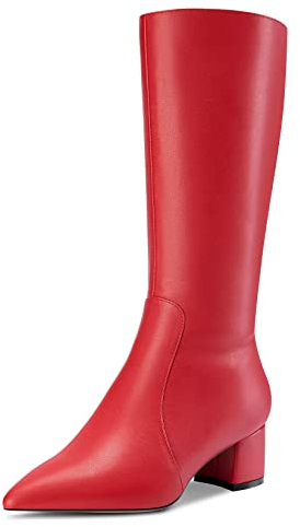 Castamere Donna Chunky Blocco Medio Tacco Heel a Punta Metà polpaccio Cerniera Stivali da Matrimonio Cute 5 CM Heels Rosso 44 EU