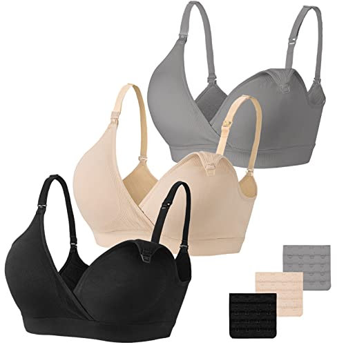 Vinfact Nursing Bra 3 Pack Seamless V Neck Maternity Bra Women Pregnancy Breastfeeding Bra(A-Black,Nude,Grey,XXL)