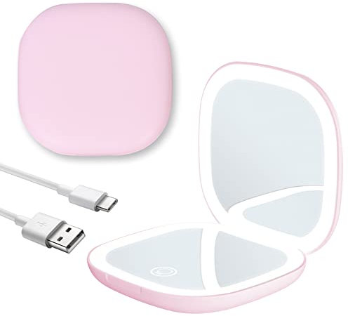 kyaoayo LED-Licht-Reise-Schminkspiegel,1X/10X Vergrößerung beleuchteter Taschenspiegel, USB-Wiederaufladbarer rund mit Dimmbares LED Licht,für unterwegs und Handtasche schönes Geschenk (Rosa)