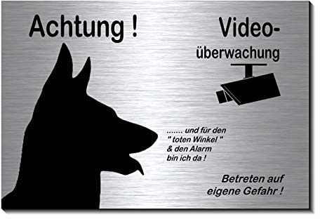 Schäferhund-Videoüberwachung-Hund-Schild-Hundeschild-150 x 100 x 3 mm-Aluminium Edelstahloptik-Hunde-Tierschild-Warnschild-Hinweisschild (silber 1905-116 ohne Löcher)