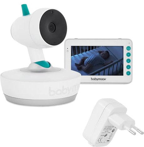 Babymoov Babyphone Vidéo Yoo Moov, Motorisé, Vue à 360°, Portée 300m, Grand Ecran 4,3'', Capteur de température + Son Chargeur Secteur USB, Mural, Port Universel