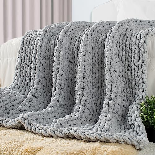 Carriediosa Chunky Knit Throw Blanket 50 X 60, 100% Hand Made Large Chenille Loop Yarn Soft Fluffy Throws for Couch Sofa Bed, Big Crochet Cozy Heavy Thick Cable Woven Blanket, Light Grey
