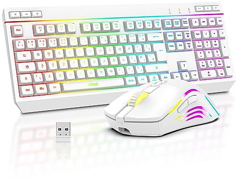 RedThunder K20 Wireless Keyboard and Mouse Combo, UK Layout Full Size Keyboard with Multimedia Keys + 7D 4800DPI Optical Mice, Rechargeable RGB Gaming/Office Set for PC Laptop (White)
