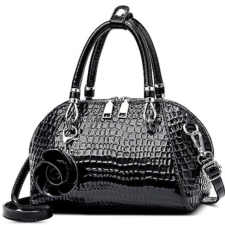 FORRICA Handtasche Damen Krokodilmuster Umhängetasche PU Leder Frauen Schultertaschen mit Blume Anhänger Elegant Henkeltaschen für Verabredungen Bankett Shopper Schwarz