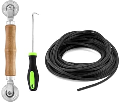 QWORK® Kit riparazione zanzariere, Gancio per strisce di tubazioni + Rullo laterale a doppia ruota + Rubazione in gomma 5 mm x 15 m